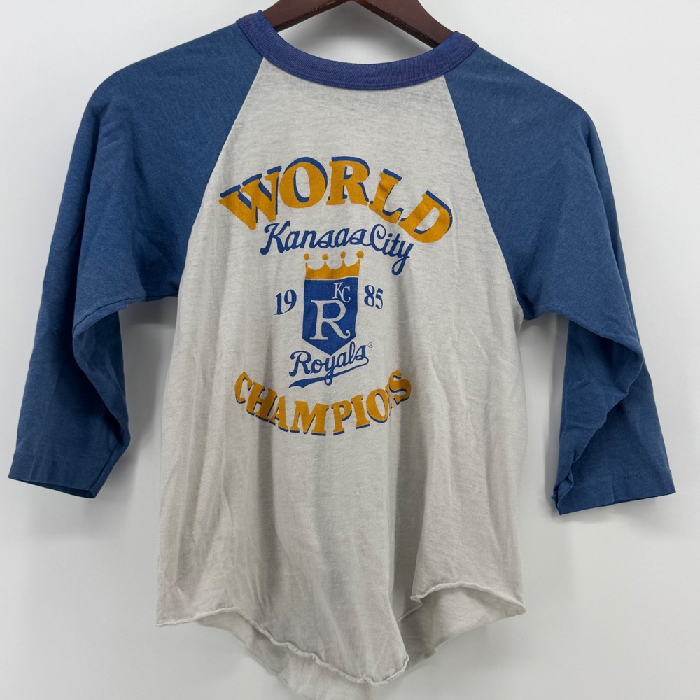 Vintage 1985 Kansas City Royals World Champions Artex Raglan Tee Blue Gray S